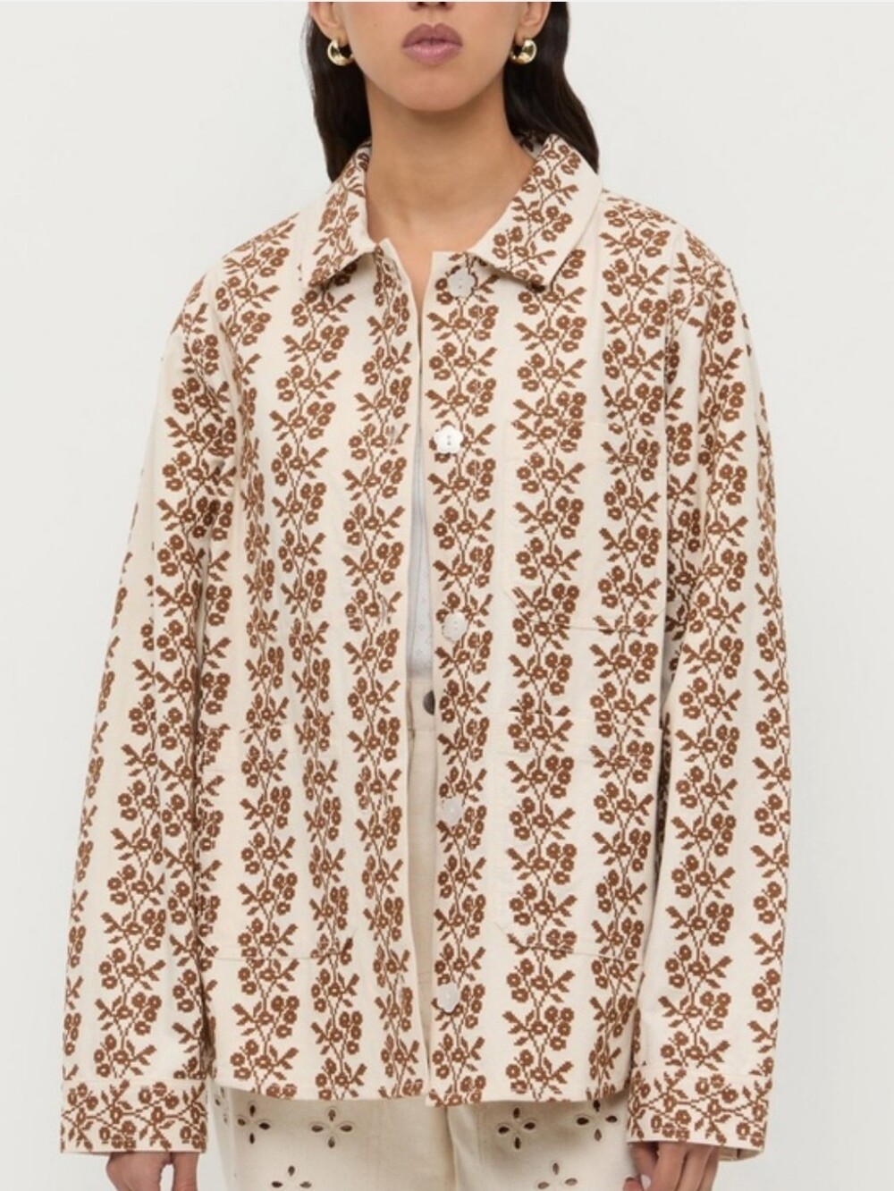 Loeffler Randall Kennedy Embroidered Jacket Cream Brown Sz L